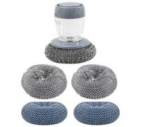 Amosfun Cepillo para Limpiar Ollas Dispensador de Jabón Integrado Set 5 Piezas Cepillo de Palma Estropajos de Acero y Bolas de PET Fregadora Multiusos para Cocina y Limpieza de Platos
