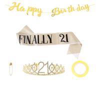 Amosfun Conjunto de Cumpleaños 3 Piezas Corona, Banda y Pancarta de Tela de Aleación Decoración de Brillantes para Fiesta Elegante de 21 Años