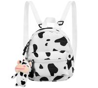 Amosfun Mochila de Lona con Estampado de Vaca en Color Claro, Tamaño Pequeño para Mujer, Bolso Casual Ligero con Colgante de Peluche, Adecuado para Viajes, Escuela y Uso Diario