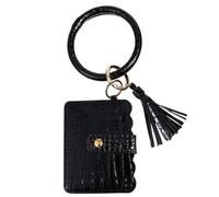 Amosfun Pulsera Llavero de Cuero Sintético Borlas Decorativas, Bolso de Mano Negro Estilo Brazalete, Tarjetero Compacto para Mujer, Accesorio Funcional para Compras y Viajes