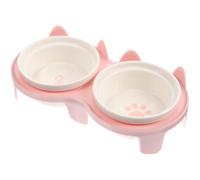 Amosfun Tazón para Gatos de Cerámica Rosa Doble, Soporte Anticaída Resistente, Diseño Inclinado para Proteger Cuello, Cuenco Elevado para Mascotas, Fácil Limpieza, Adecuado