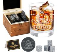 Amosking 40th cumpleaños regalos para hombres, vintage 1985 whisky cristal set, caja de madera, piedras de whisky, póster tarjeta de aniversario para posavasos, ideas de regalos de cumpleaños para él,
