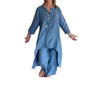 AMOUSD Traje casual de lino de color sólido para mujer, traje de lino para mujer, conjunto de chándal de verano de manga larga y pantalón de pierna ancha, azul, M