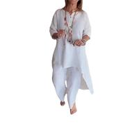AMOUSD Traje casual de lino de color sólido para mujer, traje de lino para mujer, conjunto de chándal de verano de manga larga y pantalón de pierna ancha, blanco, L