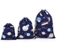 Amoyie 3 unidad Bolsa de Algodón con Cordón, Bolsas Organizadoras Juquetes/Bebe Ropa, Bolso Tela para Maleta de Viaje, Bolsos Regalo Infantil, Cohete Azul