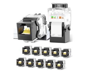 AMPCOM CAT6A UTP RJ45 Keystone Jack 50u chapado en oro reutilizable Ethernet Wall Jack con bloqueo de trinquete ajustable (no requiere herramientas ni bridas de cremallera), negro (paquete de 12)