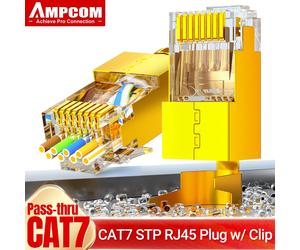 AMPCOM CAT7 Pasar a través de conectores de red de enchufe modular RJ45 STP 3/50μ Extremo de engarzado 8P8C chapado en oro para cable Ethernet CAT7 Normal Blue