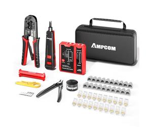 AMPCOM Kit de herramientas de crimpado Ethernet 10 en 1 RJ45 con probador y perforadora 110 para conectores Cat6/Cat5e/Cat5, incluye pelacables, bolsa impermeable