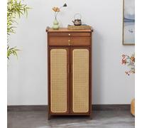 Amplia mesa altar de Buda con almacenamiento, estante ampliado, armario de ratán, compartimento interior, ideal para decoración de sala de estar y dormitorio (marrón, 80 x 40 x 101 cm)