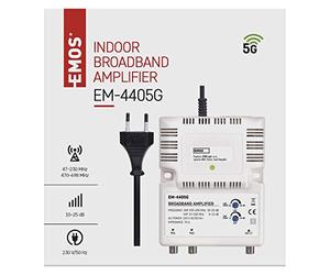 Amplificador de banda ancha EMOS 25 dB (rango de frecuencia 47-230 MHz, 470-698 MHz) para satélite, DVB-T2, TV por cable o antena, 1 entrada, 2 salidas, 10,5 x 13,5 x 4 cm