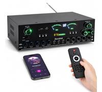 Amplificador HiFi Estéreo, 5.1 Canales, Ecualizador Digital con 1000 W de potencia máxima y Bluetooth 5.0, USB, FM, 3 entradas de micrófono, para casa, karaoke y altavoces de cine