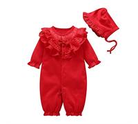 amropi Bebé Niñas Algodón Mono Cuello de Encaje Mameluco de Manga Larga + Gorra 3-6 Meses,Rojo