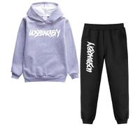 amropi Chándal Niños 2 Piezas Set Sudadera con Capucha y Pantalones Deportivo Jogging Adolescentes Conjunto Ropa (Gris Negro Forrado de Piel,8-9 años)