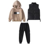 amropi Chándal Niños 3 Piezas Sudadera con Capucha y Cálido Chaleco y Pantalones Jogging Conjunto Ropa Caqui Negro, 5-6 años