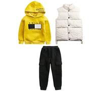 amropi Chándal Niños 3 Piezas Sudadera con Capucha y Cálido Chaleco y Pantalones Jogging Conjunto Ropa Amarillo Negro, 5-6 años