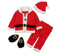 amropi Niño Bebé Christmas Santa Abrigos Tops y Pantalones y Sombrero y Calcetines 4 Piezas Trajes Cálidos(Rojo Blanco,12-18 Meses)