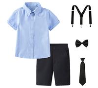 amropi Traje de Bautizo Niños Conjuntos de Camisa de Manga Corta y Pajarita y Pantalones Cortos y Tirantes Azul Negro, 12-13 años