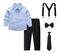 amropi Traje de Bautizo Niños Conjuntos de Camisa de Manga Larga y Pajarita y Pantalones y Tirantes Azul Negro, 12-13 años