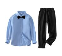 amropi Traje de Vestir para Niños Camisa de Manga Larga + Pantalones + Pajarita Conjunto de 3 piezas Azul Negro, 12-13 años