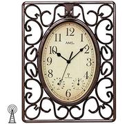 AMS 5976 Reloj de pared radiocontrolado por radio, marrón, rectangular, antiguo, vintage, retro, termómetro
