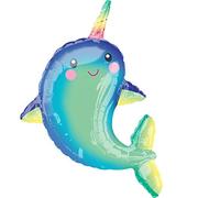 Amscan 3847701 - Globo foil SuperShape Happy Narwhal, diámetro aprox. 73 x 99 cm, cumpleaños, decoración, globo de helio