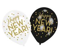 Amscan 9902872 Happy New Year - Globos de látex (6 unidades, 27,5 cm), color negro, blanco y dorado , color/modelo surtido