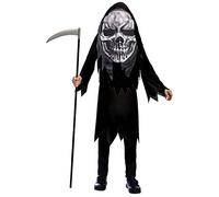 amscan 9907124 - Disfraz infantil Grim Reaper, túnica, máscara, muerte, cabeza grande, esqueleto, fiesta temática, carnaval, Halloween, color blanco y negro, 8 a 10 años