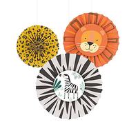 amscan 9909361-Decoración de Fiesta de abanicos de Papel Get Wild Animals-Paquete de 3, Multicolor, Medium (9909361)