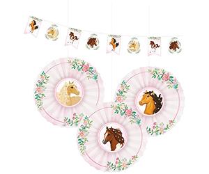 amscan 9909885 - Juego de 4 Piezas de decoración de Caballos, 1 Guirnalda de Banderas y 3 abanicos de diseño, decoración Colgante, cumpleaños Infantil, Carnaval, Fiesta temática
