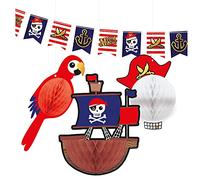 amscan 9909918 - Juego de 4 Piezas de decoración de Pirata, 1 Pancarta de Bandera y 3 Adornos de Panal de Abeja, decoración Colgante de Papel, Guirnalda, cumpleaños Infantil, Fiesta temática