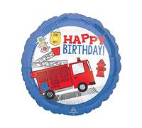 Amscan Anagram 4280401 - Globo redondo de aluminio con diseño de camión de bomberos de feliz cumpleaños - 18 pulgadas