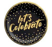 Amscan Confetti Wishes Platos de papel de postre, 6-3/4 pulgadas, negro/dorado, paquete de 8 platos