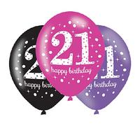 amscan Globos de látex para cumpleaños número 21, 6 unidades, goma, rosa brillante, 21, 27 cm