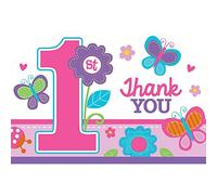 amscan Tarjeta postal de agradecimiento de 1er cumpleaños para niña, colección de flores y mariposas, 48 unidades.