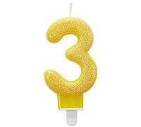 amscan- Yellow Glitter 3rd Birthday Candles Party Decoration 7.6-1 Pc. Vela numero con purpurina para tartas, Color amarillo, 3 (9900764)