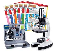 AmScope - Juego de microscopio para principiantes de 52 piezas, kit de ciencia para niños con accesorios y estuche + 6 tarjetas de experimento y actividad de microscopio - blanco - M30-ABS-KT2-W-EXCL1