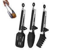 AMSGANK Pinzas de Cocina de Acero Inoxidable con Puntas de Silicona, Juego de 3 Pinzas de Cocina Resistentes al Calor para Barbacoa, Carne, Ensalada (Negro)