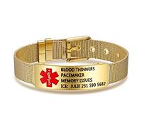 Amsgedhie Pulsera médica de acero inoxidable: Pulsera de emergencia Pulsera ajustable - Pulsera personalizada para mujer - Longitud de la pulsera 21,5cm (Oro)