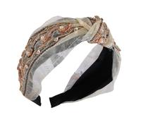 AMSLSIU Bandas para el cabello Pajarita Étnico Twist Knot Diadema Hairband Bordado Glitter Beads Turban Wide Ajustable Diademas, Nudo de cuentas beige