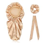 AMSLSIU Gorro de dormir extralargo de satén de 3 piezas, gorro de pelo trenzado sucio de ala ancha, banda de cuerda de cola de caballo elástica y sedosa, Dorado champagne