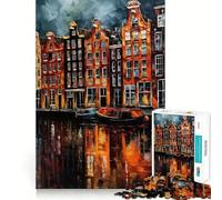 Amsterdam,Países Bajos Rompecabezas de 1000 Piezas para Adultos Juego de concentración Mental Corte láser Diversión Nocturna en Familia (38x26cm)