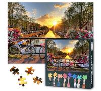 Amsterdam Puzzle de 1000 piezas, canales primaverales con flores y bicicletas, 50 x 70 cm, diseño de Países Bajos, sofisticado puzle para adultos
