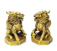 AMTOOCH Feng Shui Kylin - Estatua de latón para decoración del hogar, un par de Escultura qilin Dorada Riqueza chi Lin, Sala de Estar y Oficina (4 Pulgadas de Largo x 3.6 Pulgadas de Ancho x 5.2