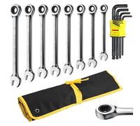 AMTOVL Juego de Llaves Combinadas de Trinquete, llave de Trinquete Métrica con 9PCS Juego de llaves Allen, 72 Dientes Construido con Cr-V Cromado para Bicicletas y Reparación de Mantenimiento 8-19MM