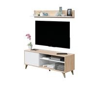 amuéblate online - Mueble Moderno de TV con 1 Puerta y 2 Compartimentos + Estante en L, Modelo Edu, Acabado en Color Blanco y Roble Canadian