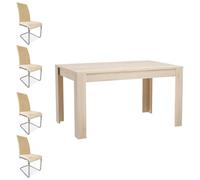 amuéblate online - Pack Mesa de Comedor o Salón, Modelo Mónaco, Color Cambria + 4 Sillas Tapizadas Acabadas en Beige, Modelo Aris, con Patas Cromadas