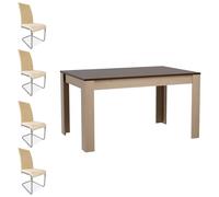 amuéblate online - Pack Mesa de Comedor o Salón, Modelo Mónaco, Color Roble - Grafito + 4 Sillas Tapizadas Acabadas en Beige, Modelo Aris, con Patas Cromadas