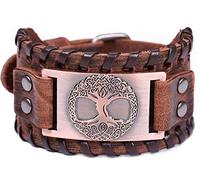 Amuleto vintage nórdico vikingo mito árbol de la vida Yggdrasil nudo celta conector de metal pulsera de cuero marrón (cuero marrón, cobre antiguo), Cuero