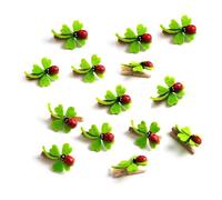 Amuletos de la Suerte Madera, 14 Unidades: Mini Pinzas con trébol de la Suerte y Mariquita, decoración para Regalos, Fotos y Bolsas, Reutilizables para Fiestas y Eventos Especiales, 3 cm