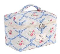 AMULOKRU 2 bolsas de maquillaje acolchadas de algodón coqueta, bolsa de maquillaje estética floral, bonita bolsa de maquillaje para mujeres y niñas, Lazos Azules, 1 Paquete , Floral
